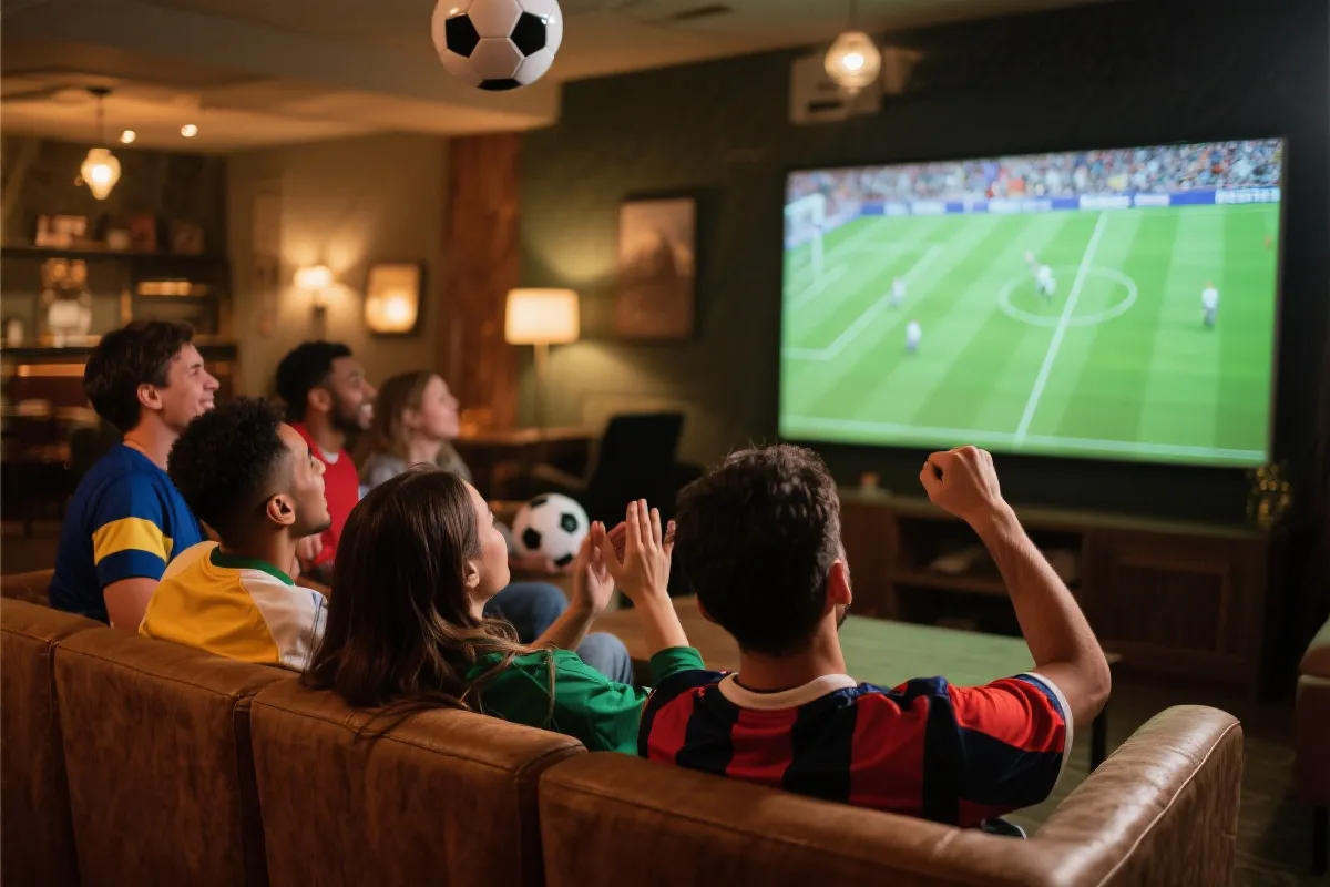 球迷一起看球并讨论的氛围图