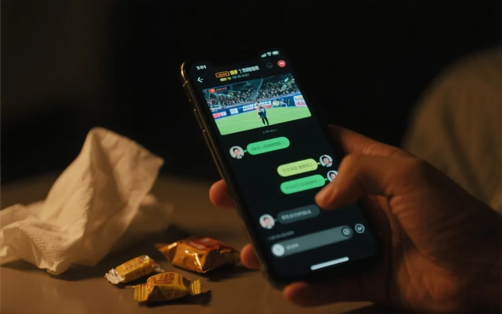 深夜手机屏幕上的群聊与比赛画面同框，手边是纸巾与零食