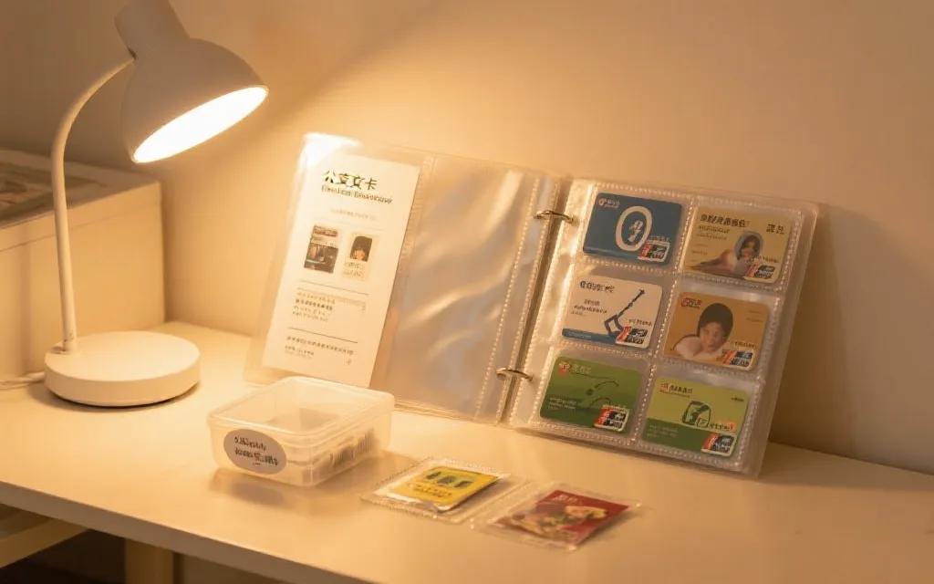 桌面上整齐摆放的公交卡收藏套装：透明卡页、说明卡与干燥剂收纳盒，暖色台灯光