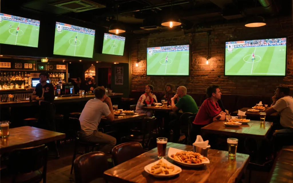 体育酒馆内大屏幕直播比赛，桌上小吃与饮品，热烈但有序的观赛氛围