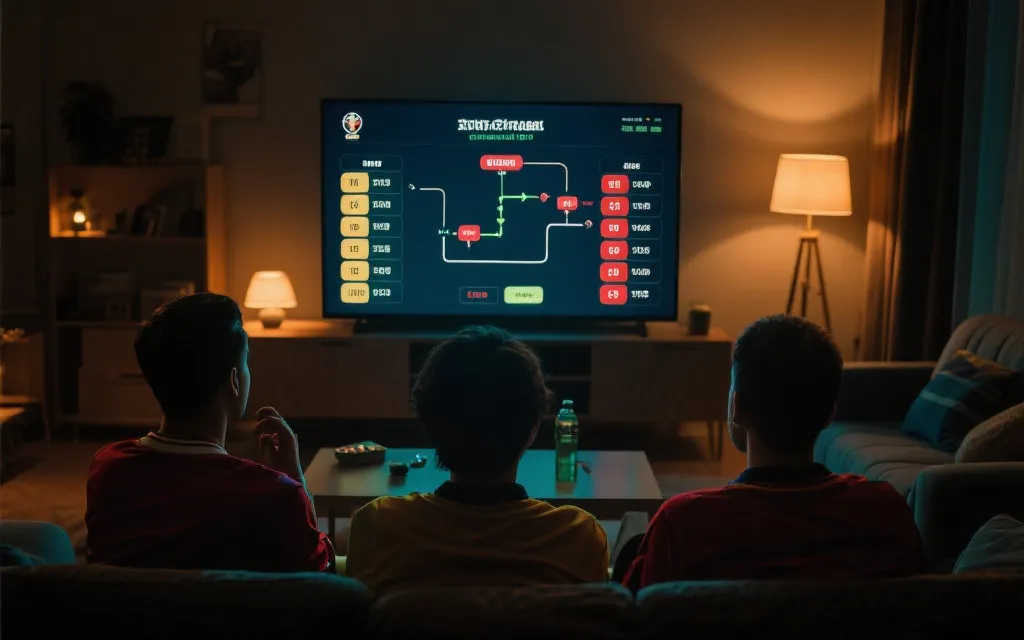 球迷在夜晚看比赛，屏幕上是小组积分榜与附加赛路径的概念画面